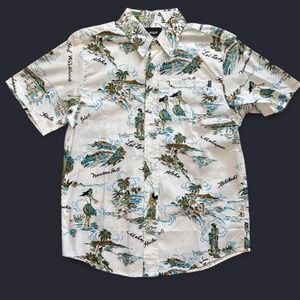 HUF Hawaiian Shirt Men's White Aloha Hula Girl Print Short‎ Sleeve Button Up